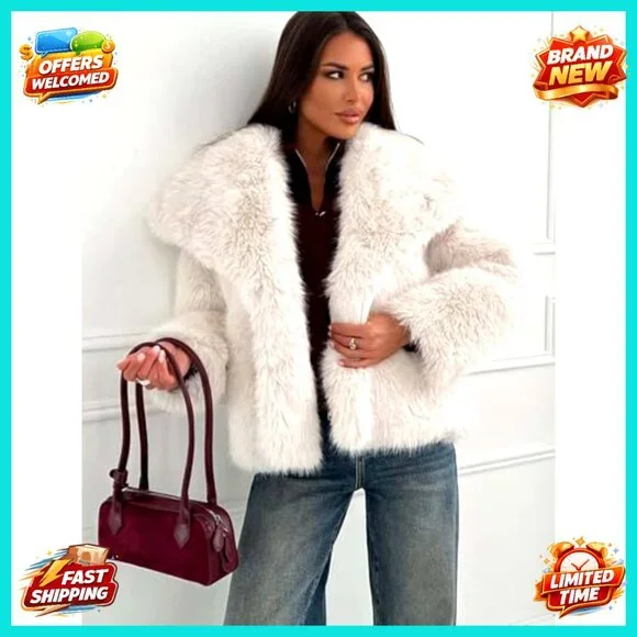 Faux Fur Coat Fluffy Cropped Jacket Long Sleeve Lapel Open Front Warm - Picture 5 of 7